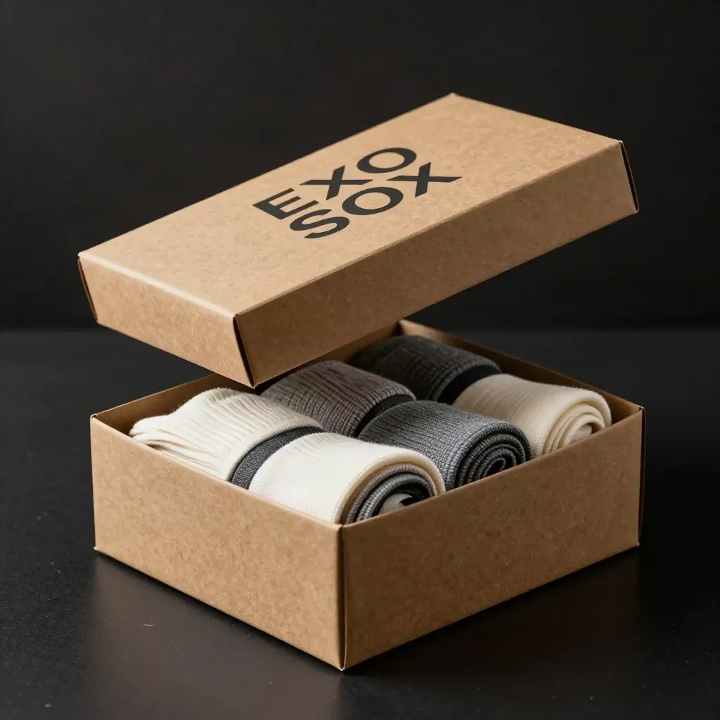 Open kraft gift box with folded socks and tissue layers on a dark studio surface.