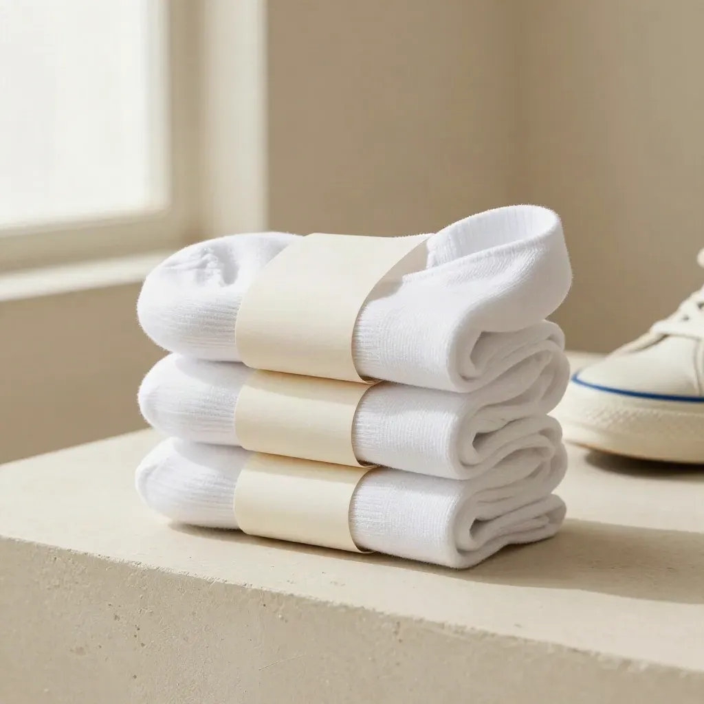 Three white no-show sock pairs stacked beside a white sneaker toe on a pale studio plinth