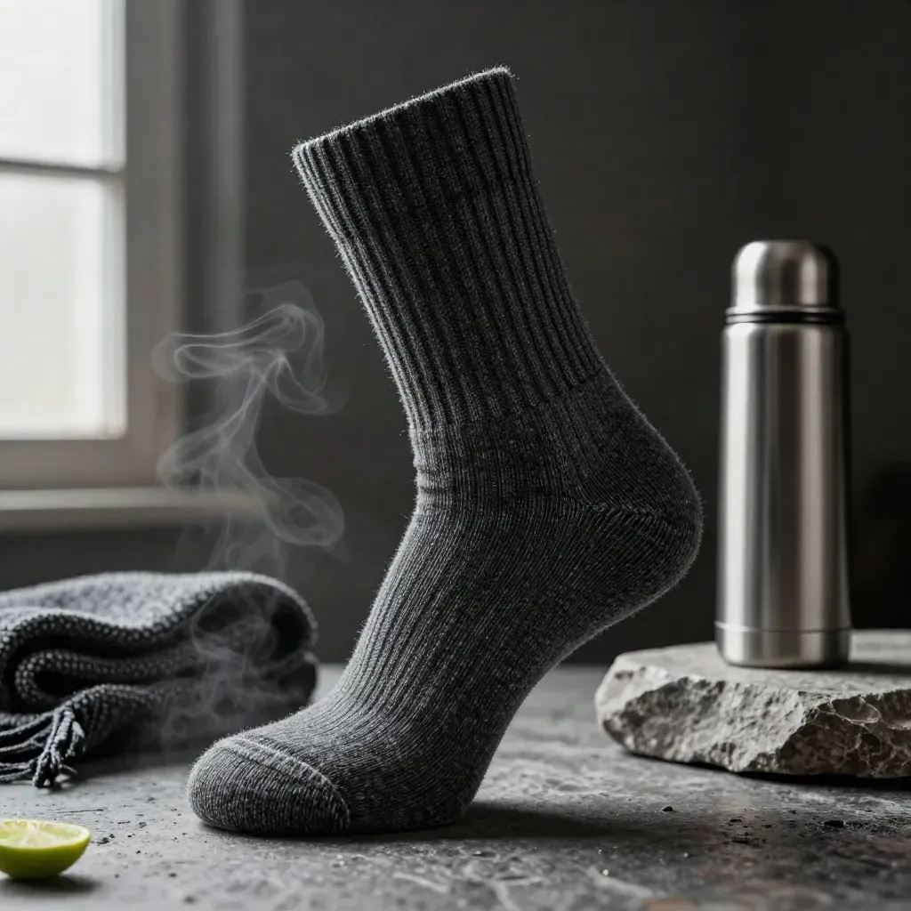 Charcoal thermal crew sock with scarf and thermos on stone, lit in dramatic diagonal haze.